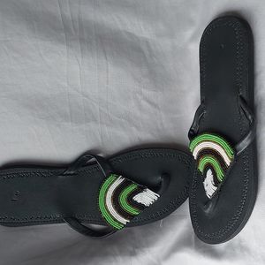 AFRICAN green white beaded sandals, size 9ish